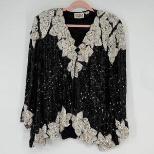 Vintage O.R. Silk Black Sequin Beaded Floral Silk Evening Jacket Top L/XL